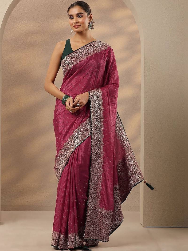 maroon embellished saree with unstitched blouse piece