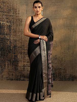 black solid saree with unstitched blouse piece 1