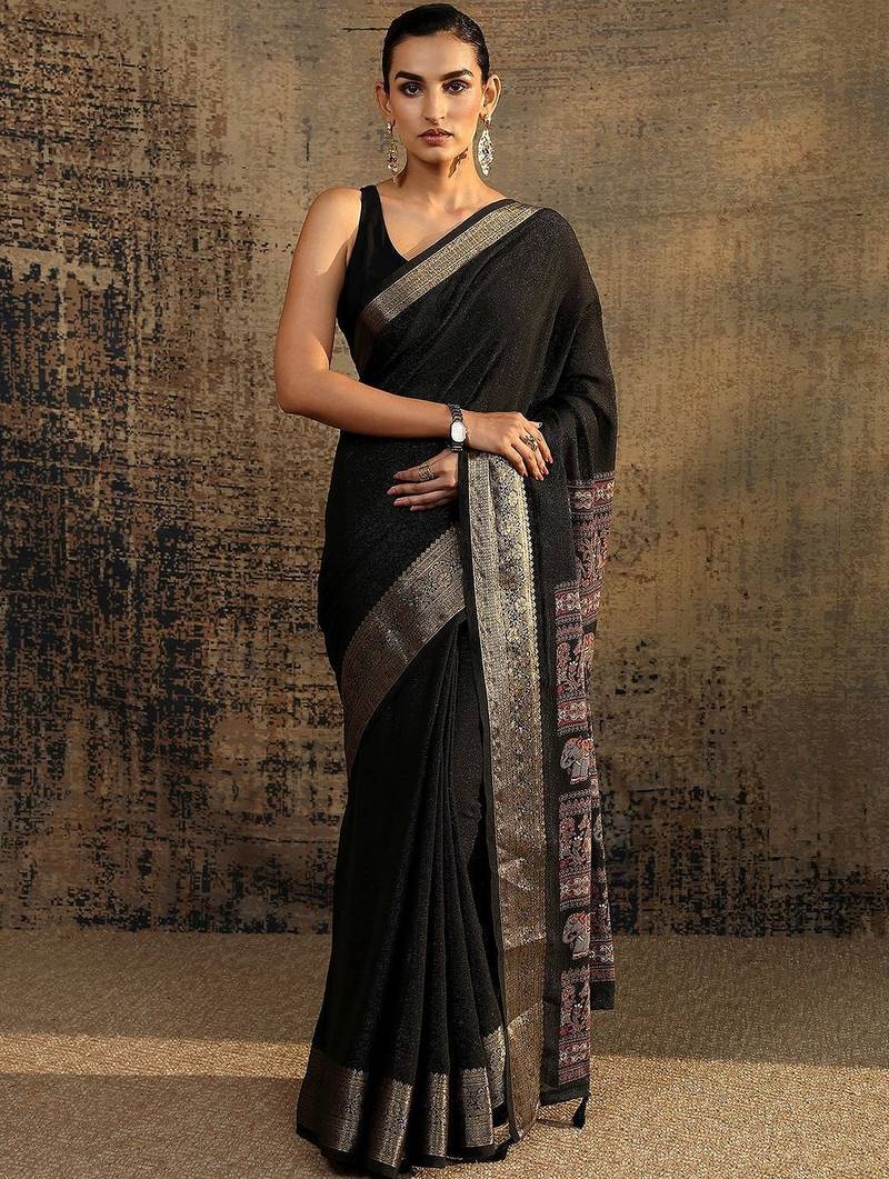 black solid saree with unstitched blouse piece