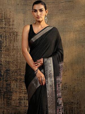 black solid saree with unstitched blouse piece 2