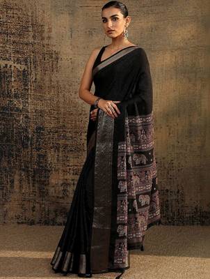 black solid saree with unstitched blouse piece 4