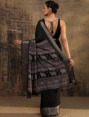 black solid saree with unstitched blouse piece 5
