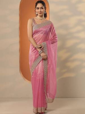 pink embellished nylon saree with unstitched blouse piece 1