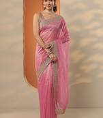 pink embellished nylon saree with unstitched blouse piece