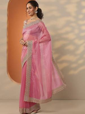 pink embellished nylon saree with unstitched blouse piece 2