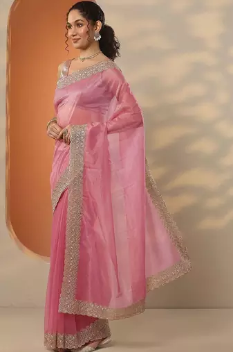 pink embellished nylon saree with unstitched blouse piece