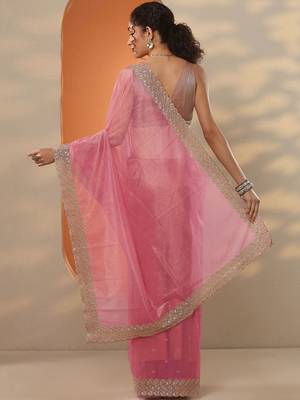 pink embellished nylon saree with unstitched blouse piece 3