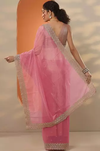 pink embellished nylon saree with unstitched blouse piece