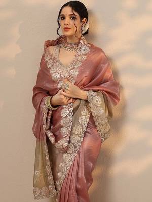 pink embroidered organza saree with unstitched blouse piece 1