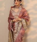 pink embroidered organza saree with unstitched blouse piece