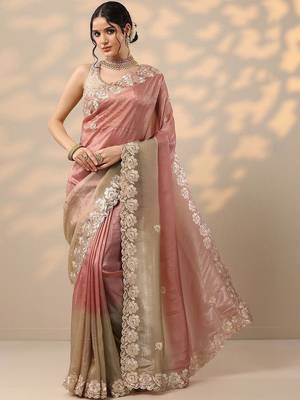 pink embroidered organza saree with unstitched blouse piece 2