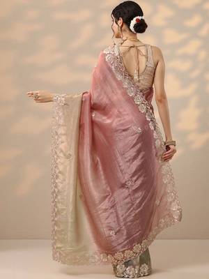 pink embroidered organza saree with unstitched blouse piece 3