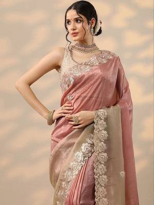 pink embroidered organza saree with unstitched blouse piece 5
