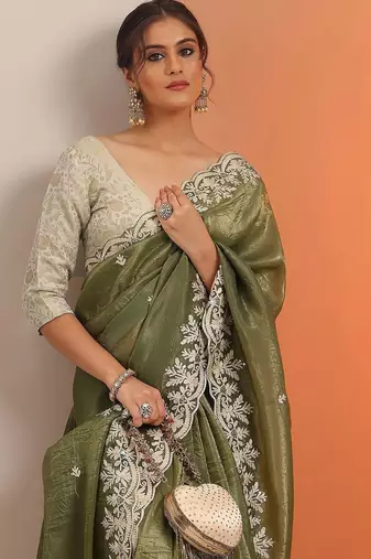 olive embroidered jimmy choo organza saree with unstitched blouse piece