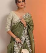 olive embroidered jimmy choo organza saree with unstitched blouse piece