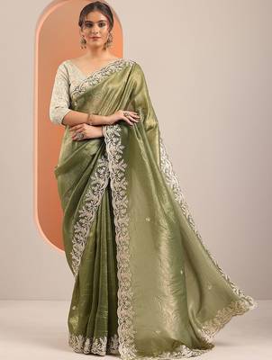 olive embroidered jimmy choo organza saree with unstitched blouse piece 2