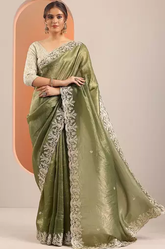 olive embroidered jimmy choo organza saree with unstitched blouse piece