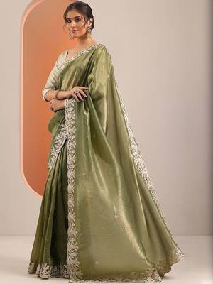olive embroidered jimmy choo organza saree with unstitched blouse piece 3