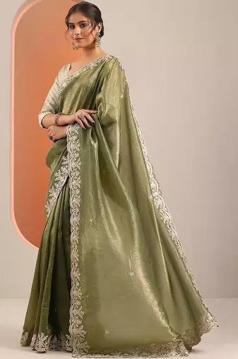 olive embroidered jimmy choo organza saree with unstitched blouse piece