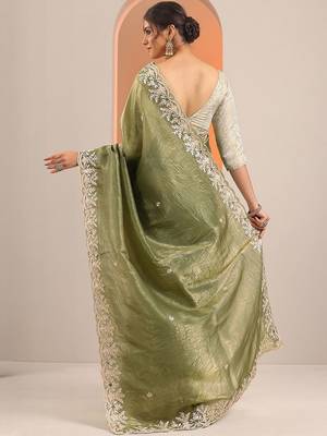 olive embroidered jimmy choo organza saree with unstitched blouse piece 4