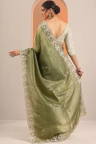 olive embroidered jimmy choo organza saree with unstitched blouse piece