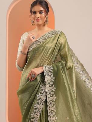 olive embroidered jimmy choo organza saree with unstitched blouse piece 5