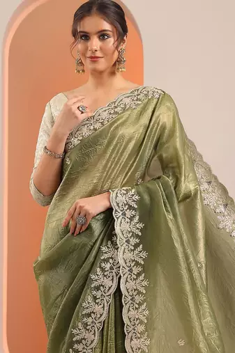 olive embroidered jimmy choo organza saree with unstitched blouse piece