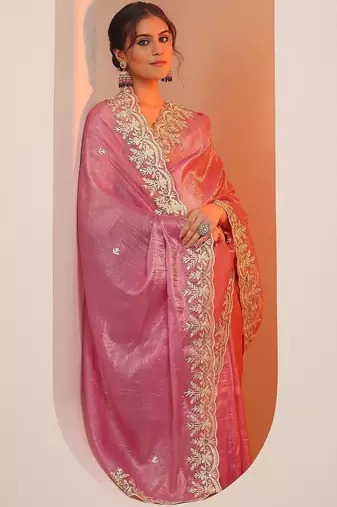 pink embroidered organza saree with unstitched blouse piece