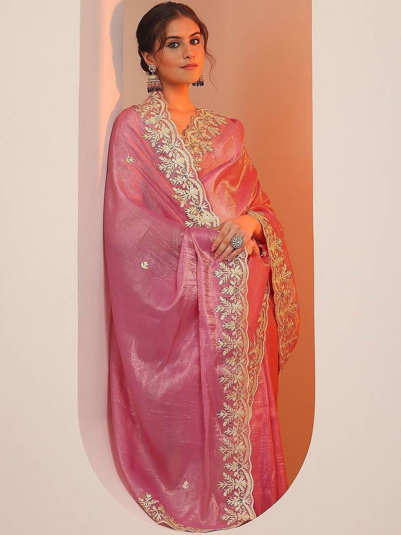pink embroidered organza saree with unstitched blouse piece