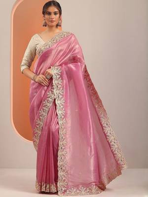 pink embroidered organza saree with unstitched blouse piece 2