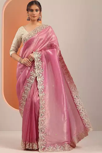 pink embroidered organza saree with unstitched blouse piece
