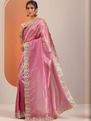 pink embroidered organza saree with unstitched blouse piece 3