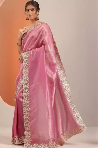 pink embroidered organza saree with unstitched blouse piece