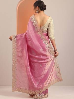 pink embroidered organza saree with unstitched blouse piece 4