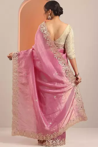 pink embroidered organza saree with unstitched blouse piece