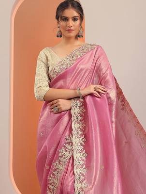 pink embroidered organza saree with unstitched blouse piece 5