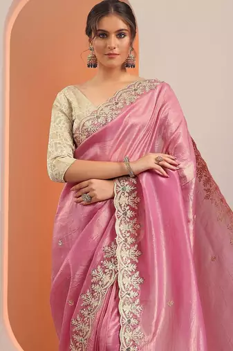 pink embroidered organza saree with unstitched blouse piece