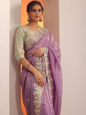 purple embroidered organza saree with unstitched blouse piece 1
