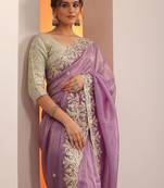 purple embroidered organza saree with unstitched blouse piece