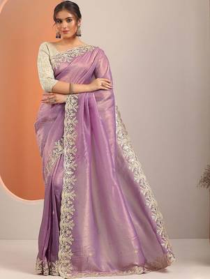 purple embroidered organza saree with unstitched blouse piece 2