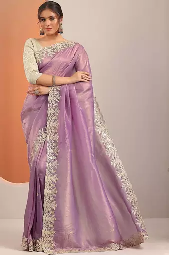 purple embroidered organza saree with unstitched blouse piece