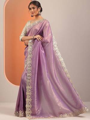 purple embroidered organza saree with unstitched blouse piece 3