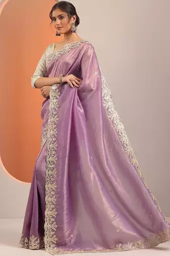 purple embroidered organza saree with unstitched blouse piece