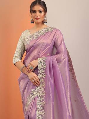 purple embroidered organza saree with unstitched blouse piece 5