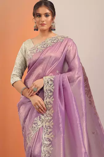 purple embroidered organza saree with unstitched blouse piece