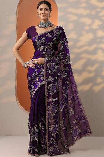 purple embroidered organza saree with unstitched blouse piece