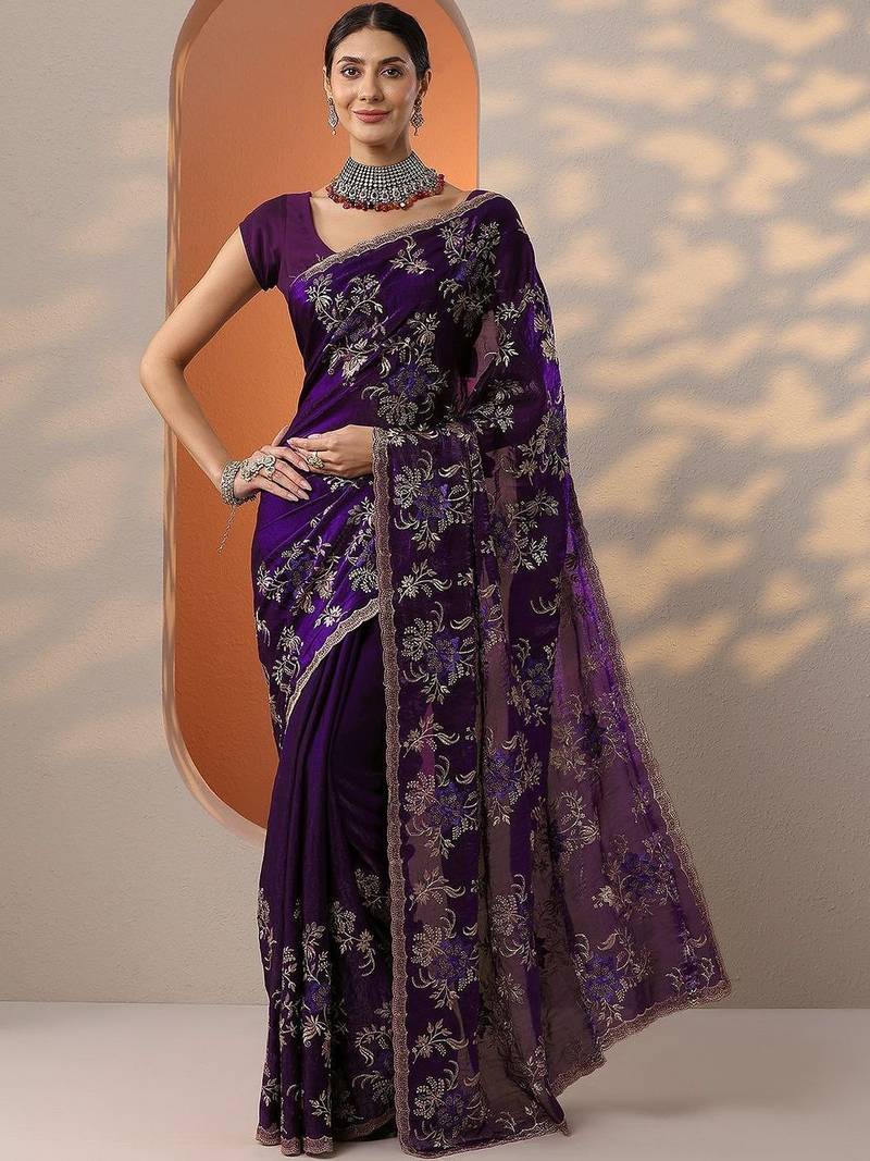 purple embroidered organza saree with unstitched blouse piece