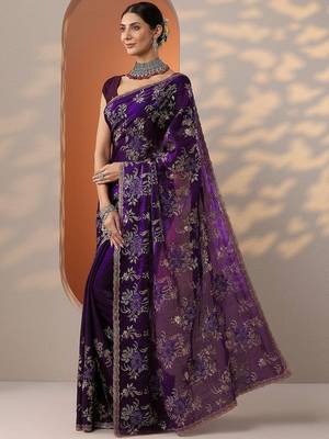 purple embroidered organza saree with unstitched blouse piece 2