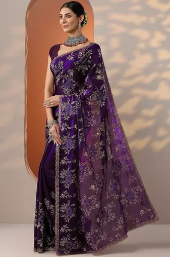 purple embroidered organza saree with unstitched blouse piece