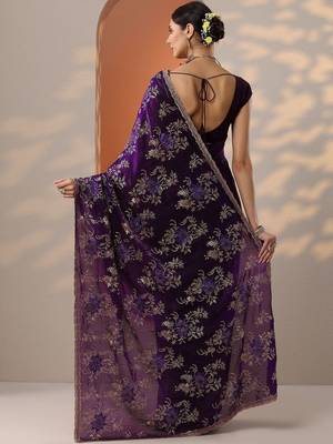 purple embroidered organza saree with unstitched blouse piece 3